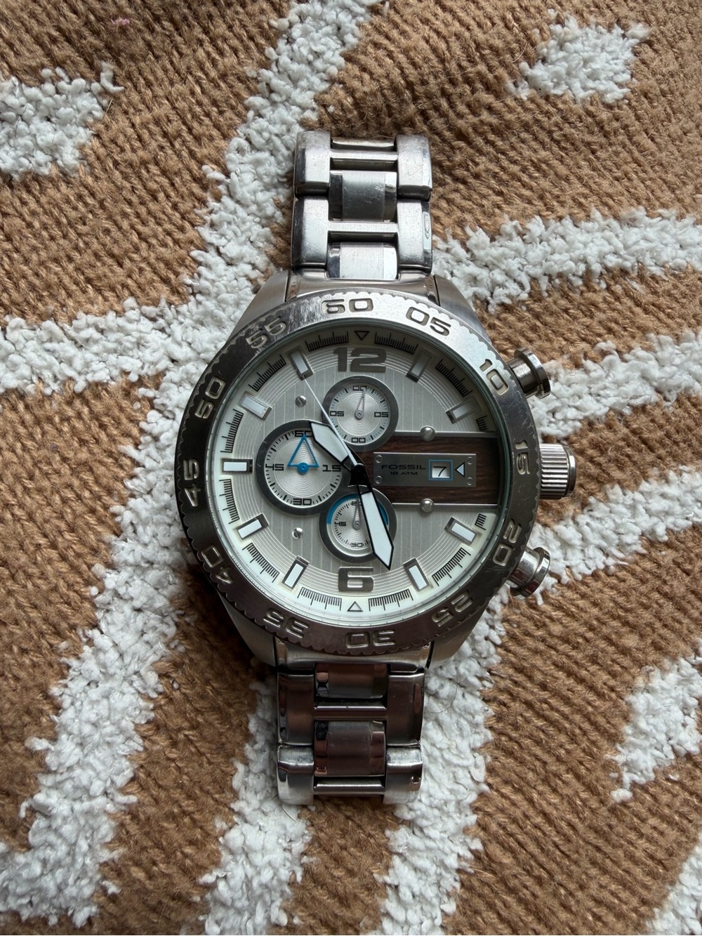 Fossil Silver Stainless Steel Chronograph Watch with White Dial